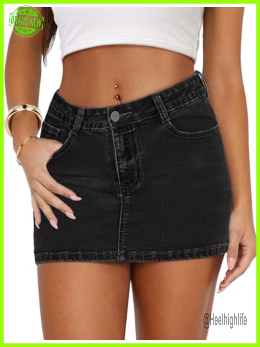 High-Stretch Denim Mini Skirt Low Waist Zip Fly Pockets Casual